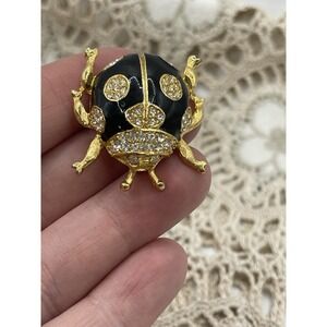 Lia Ladybug Brooch Pin Beetle Black GoldTone With Rhinestone Crystals Vtg Signed